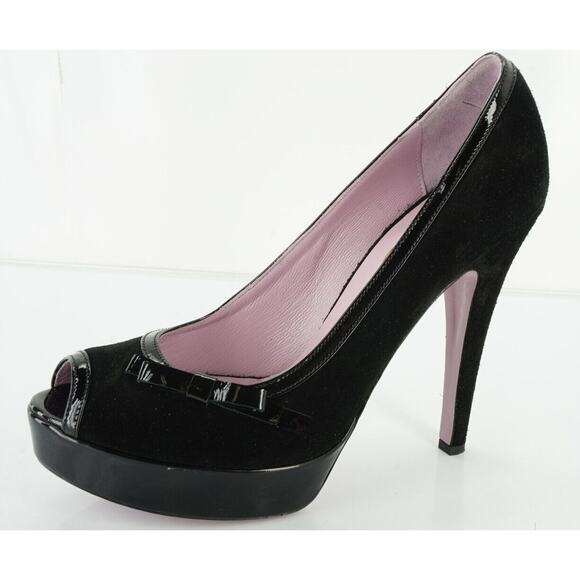 RED by Valentino Black Suede Platform Heels Bow Peep Toe Pumps Size 10 NEW $450 - Picture 1 of 10
